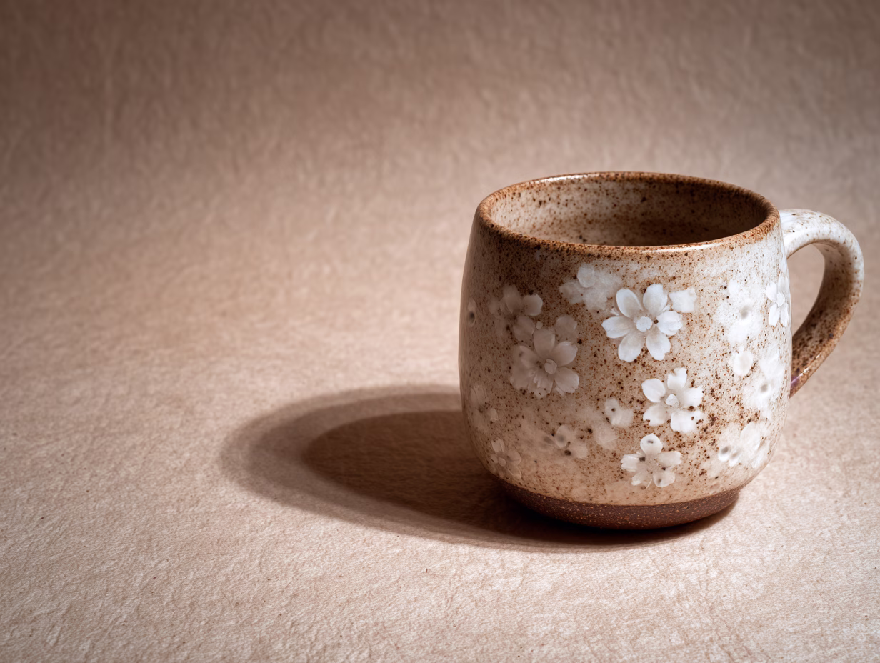 Keramik Tasse bemalen Blumen - hier ist eine bräunliche Tasse mit schönen dezenten Blüten bemalt