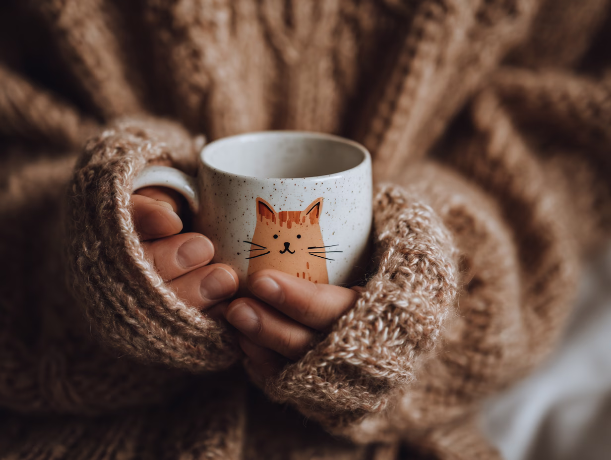 Tassenbemalen mit Tiermotiven ist super beliebt. Eine Frau hält