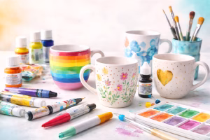 Es gibt verschiedene Farben zum Tassen bemalen in dem Bild. Mehrere bemalte Tassen und die Qual der Wahl, welche Tassen Farbe die richtige ist.