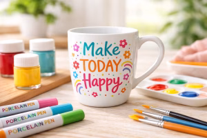 Viele fragen sich, wie sie bemalte Tassen spülmaschinenfest machen. Hier auf dem Bild ist eine bemalte Tasse mit verschiedenen Stiften, Farben und Pinseln zu sehen. Das soll die Fragestellung verdeutlichen